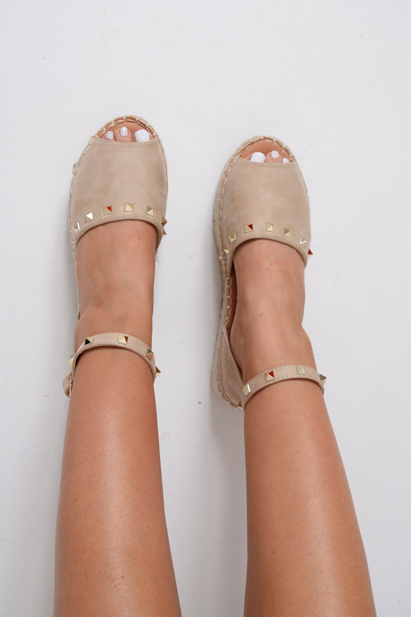 Cream Faux Suede Studded Flatforms - Adabelle-Flats