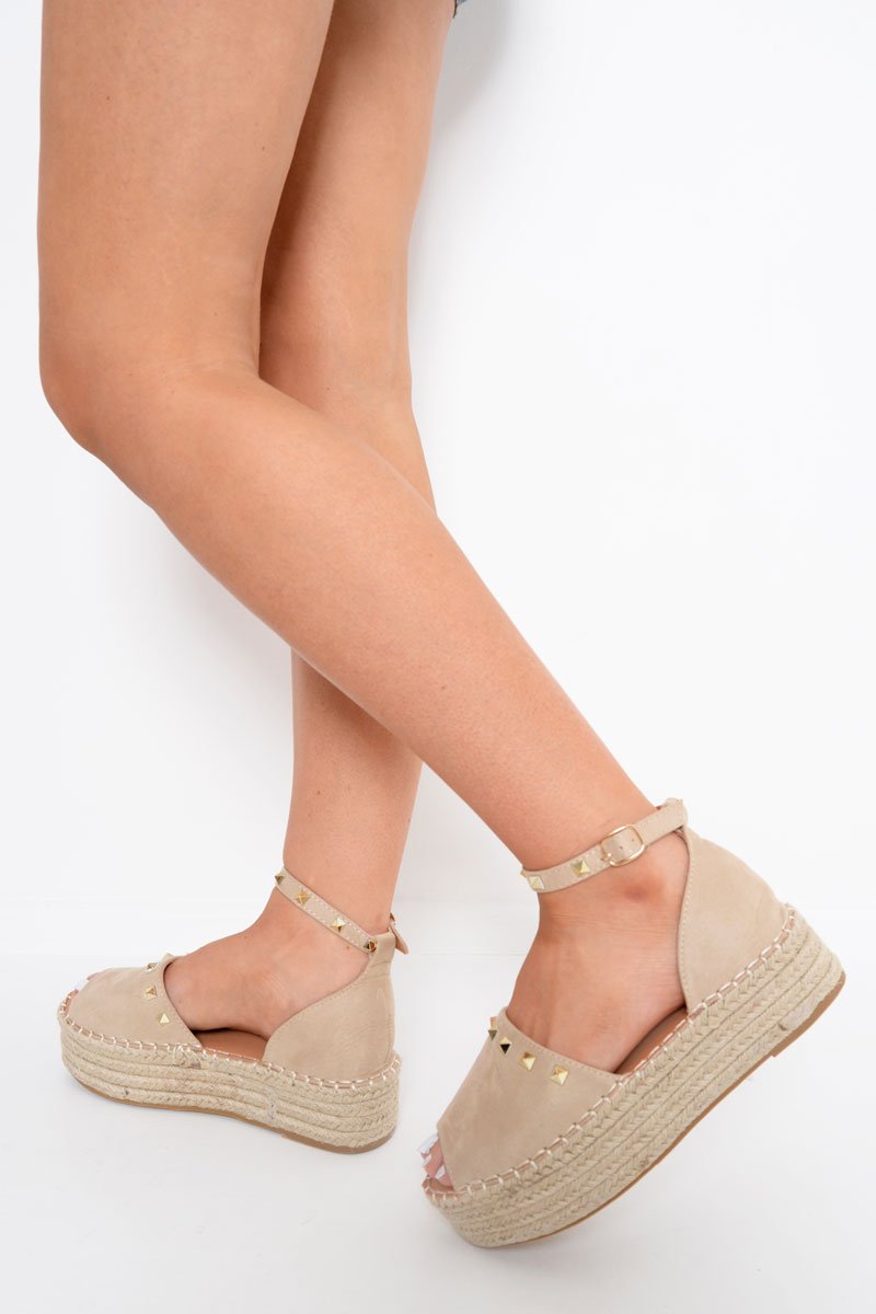 Cream Faux Suede Studded Flatforms - Adabelle-Flats