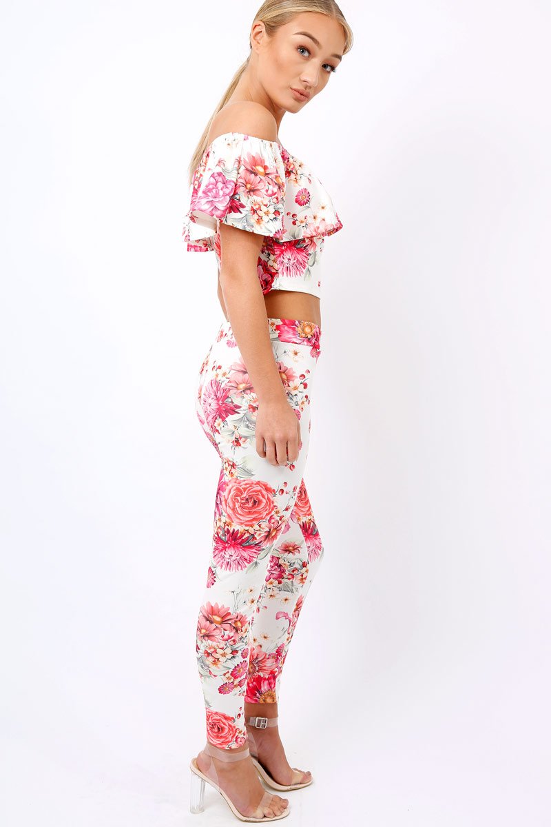 Cream Floral Bardot Crop Top - Minnie-Crop Tops