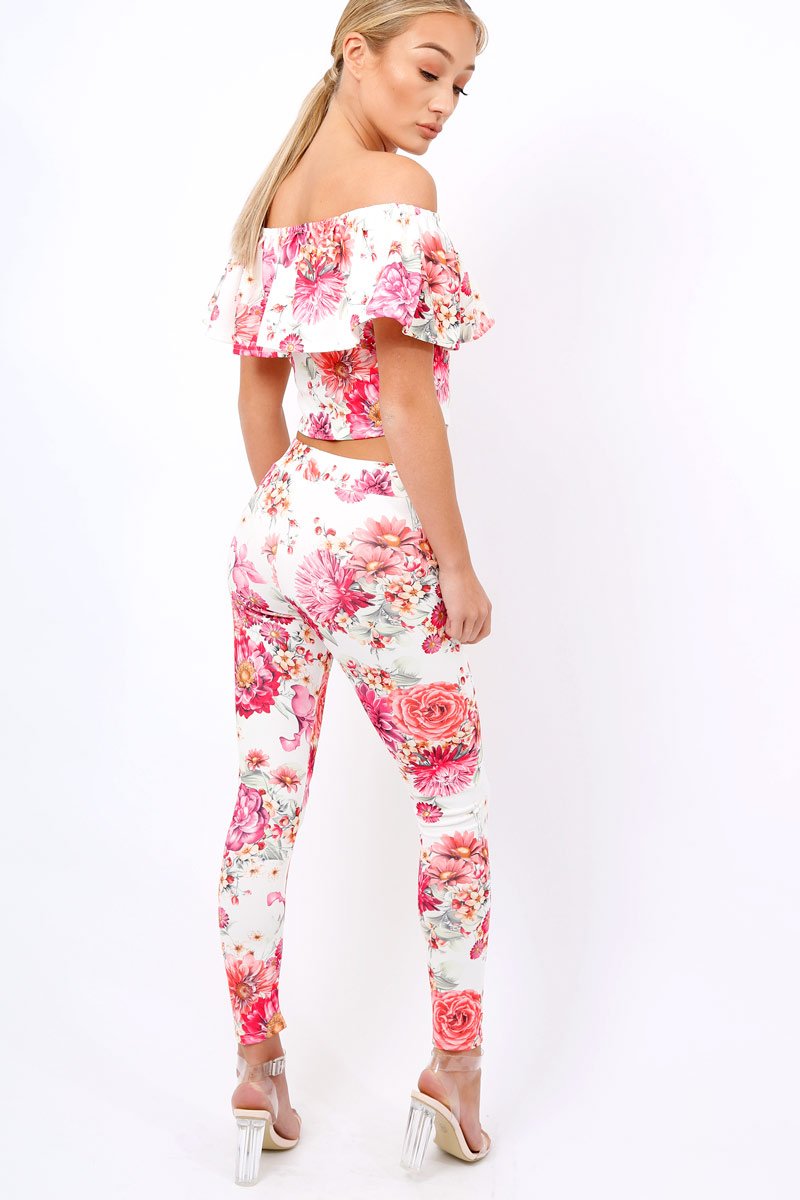 Cream Floral Bardot Crop Top - Minnie-Crop Tops