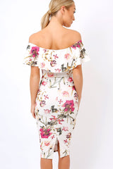 Cream Floral Bodycon Bardot Dress - Luanne-Dresses