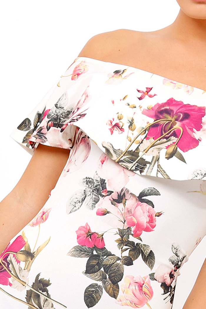 Cream Floral Bodycon Bardot Dress - Luanne-Dresses
