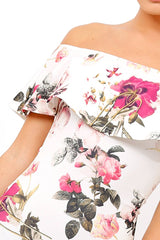 Cream Floral Bodycon Bardot Dress - Luanne-Dresses