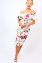 Cream Floral Bodycon Bardot Dress - Luanne-Dresses