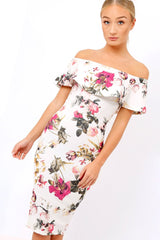 Cream Floral Bodycon Bardot Dress - Luanne-Dresses