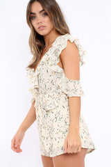 Cream Floral Cold Shoulder Playsuit - Arlene-Playsuits