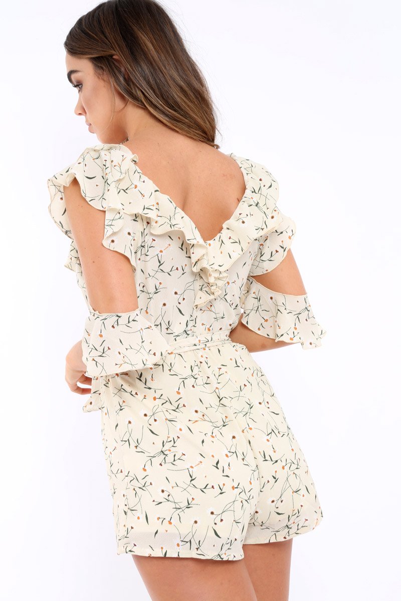 Cream Floral Cold Shoulder Playsuit - Arlene-Playsuits