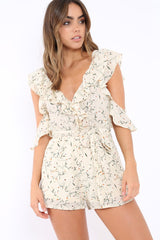 Cream Floral Cold Shoulder Playsuit - Arlene-Playsuits