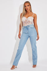 Cream Floral Corset Detail Bodysuit - Clarah-Bodysuits