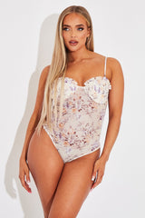 Cream Floral Corset Detail Bodysuit - Clarah-Bodysuits