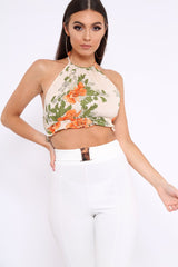 Cream Floral Halterneck Backless Crop Top - Aarin-Crop Tops