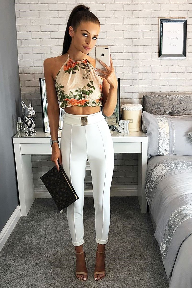 Cream Floral Halterneck Backless Crop Top - Aarin-Crop Tops