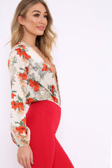 Cream Floral Long Sleeve Plunge Bodysuit - Nicole-Bodysuits