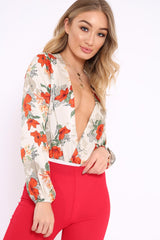 Cream Floral Long Sleeve Plunge Bodysuit - Nicole-Bodysuits