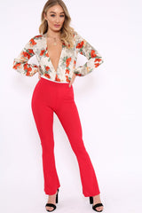 Cream Floral Long Sleeve Plunge Bodysuit - Nicole-Bodysuits