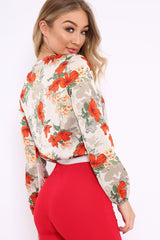 Cream Floral Long Sleeve Plunge Bodysuit - Nicole-Bodysuits