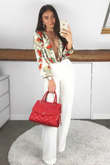 Cream Floral Long Sleeve Plunge Bodysuit - Nicole-Bodysuits