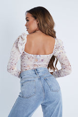 Cream Floral Puff Sleeve Bodysuit - Deana-Bodysuits
