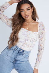 Cream Floral Puff Sleeve Bodysuit - Deana-Bodysuits