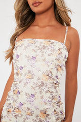 Cream Floral Ruched Mini Dress - Ilani-Dresses