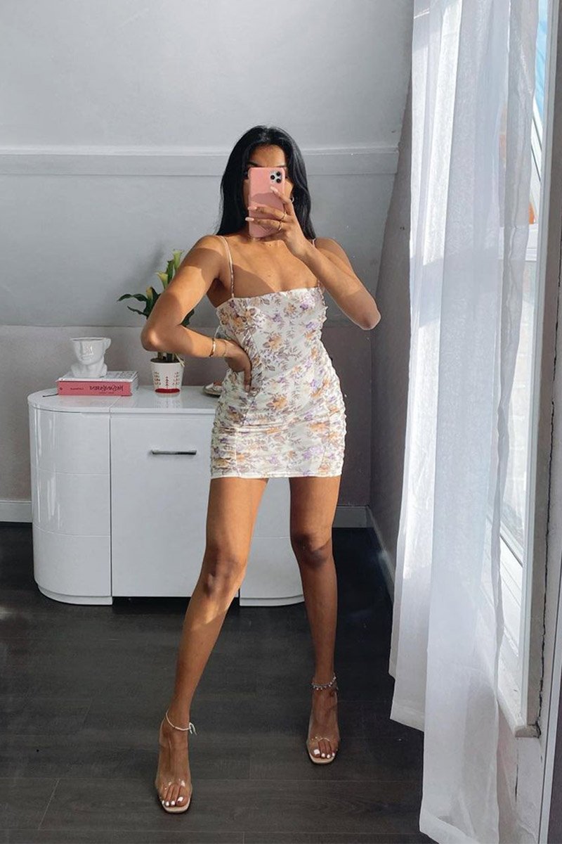 Cream Floral Ruched Mini Dress - Ilani-Dresses