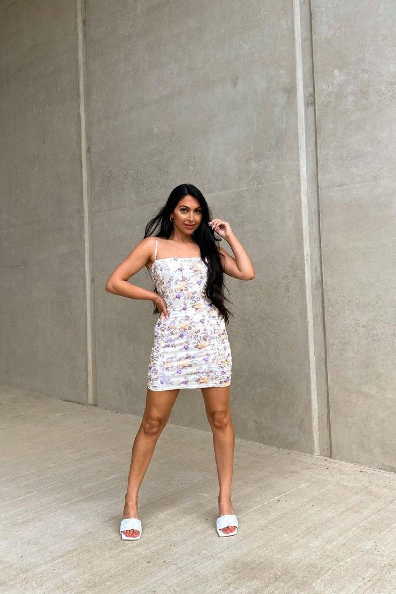 Cream Floral Ruched Mini Dress - Ilani-Dresses