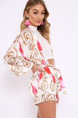 Cream Floral Scarf Print Short And Jacket Co-Ord - Eadie-Co-ords