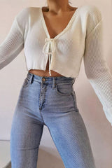 Cream Front Tie Knit Cardigan Top - Paloma-Cardigans