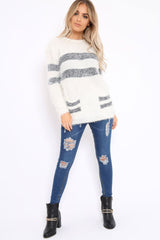 Cream Fur Knit Wide Stripe Jumper Dress - Keeley-Jumper