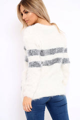 Cream Fur Knit Wide Stripe Jumper Dress - Keeley-Jumper
