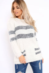 Cream Fur Knit Wide Stripe Jumper Dress - Keeley-Jumper