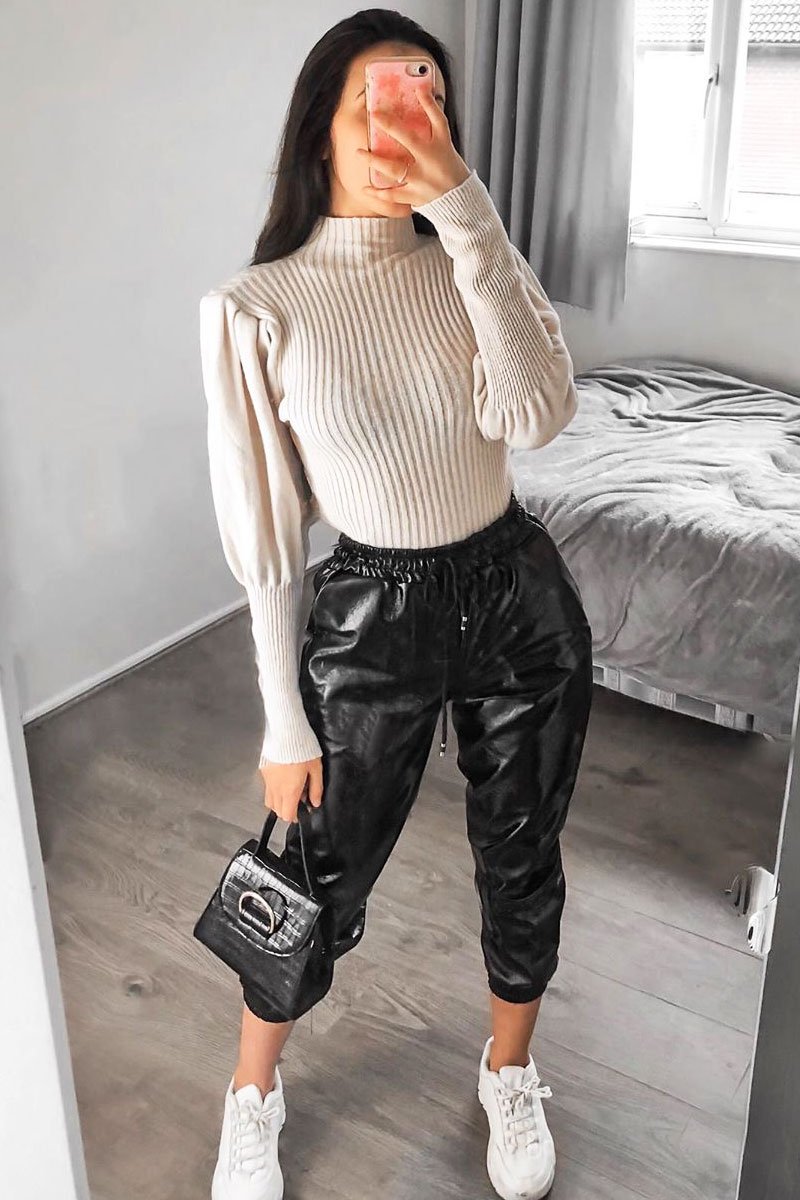 Cream High Neck Balloon Sleeve Jumper - Harriet-Jumper