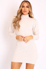 Cream High Neck Balloon Sleeve Knitted Dress - Ginna-Dresses