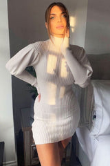 Cream High Neck Balloon Sleeve Knitted Dress - Ginna-Dresses
