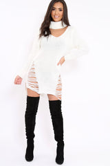 Cream High Neck Cut Out Distressed Jumper Dress - Adalyn-Jumper