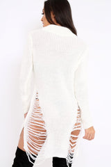 Cream High Neck Cut Out Distressed Jumper Dress - Adalyn-Jumper