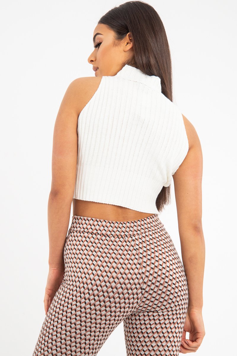Cream High Neck Sleeveless Crop Jumper - Maleena-Crop Jumper