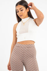Cream High Neck Sleeveless Crop Jumper - Maleena-Crop Jumper