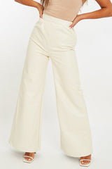 Cream High Waist Wide Leg Faux Leather Trousers - Hanika-Trousers