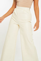 Cream High Waist Wide Leg Faux Leather Trousers - Hanika-Trousers