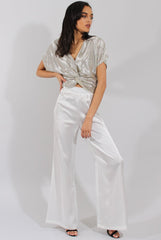 Cream High Waisted Satin Trousers - Alexia-Trousers