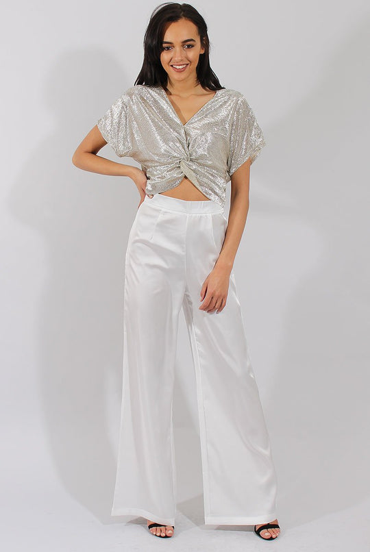 Cream High Waisted Satin Trousers - Alexia