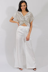Cream High Waisted Satin Trousers - Alexia-Trousers