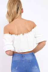 Cream Hook And Eye Bardot Frill Crop Top - Reanna-Tops