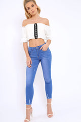 Cream Hook And Eye Bardot Frill Crop Top - Reanna-Tops