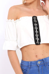 Cream Hook And Eye Bardot Frill Crop Top - Reanna-Tops