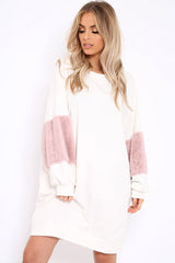 Cream Jumper Dress with Fur Sleeves - Paris-Dresses