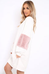 Cream Jumper Dress with Fur Sleeves - Paris-Dresses