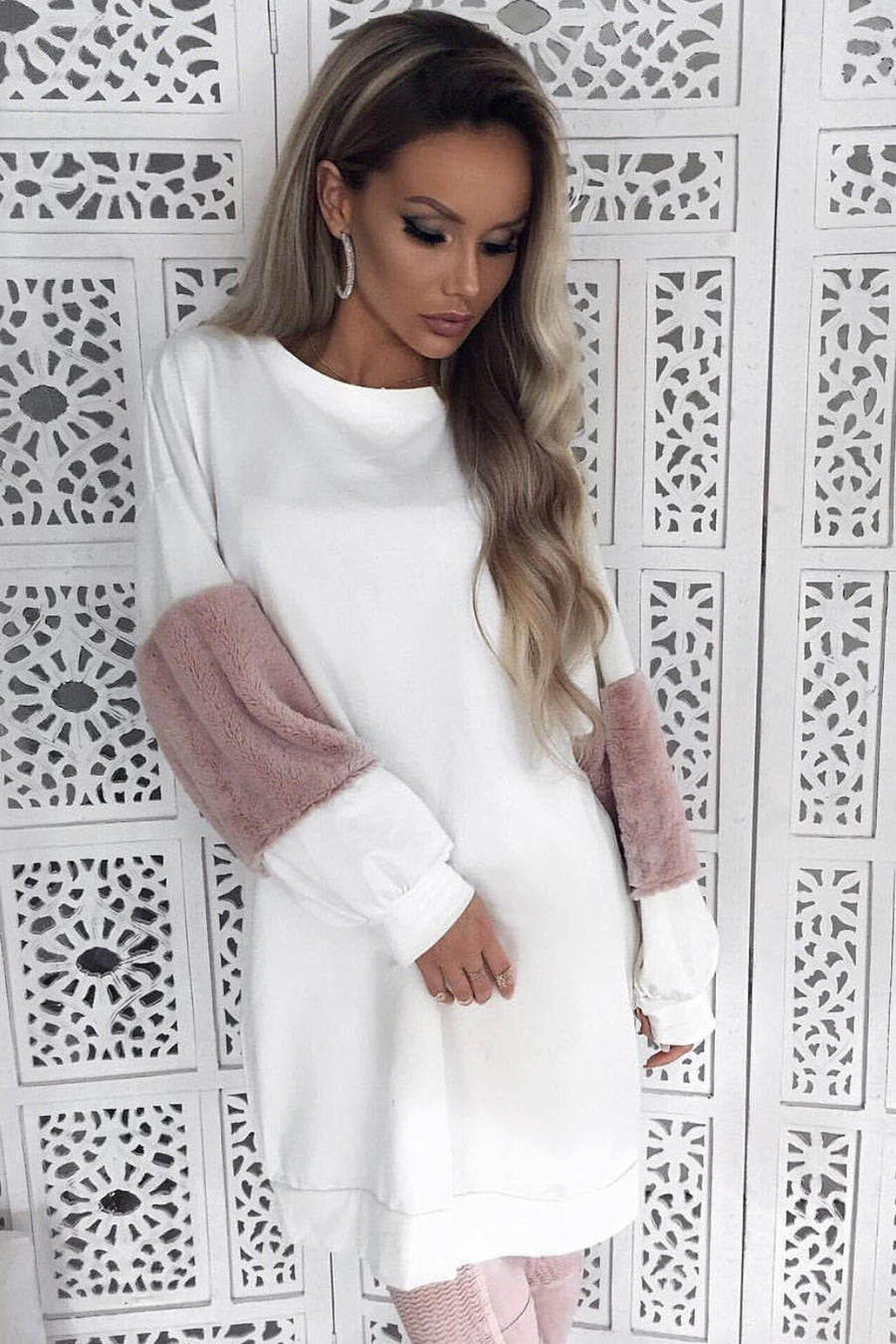 Cream Jumper Dress with Fur Sleeves - Paris-Dresses