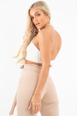 Cream Knit Halterneck Button Crop Top - Penina-Crop Tops
